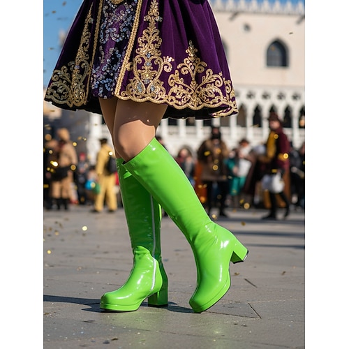 Damenschuhe Mardi Gras Lila Hochglanz-Plateau-Stiefel mit Blockabsatz – Perfekt für Karneval Festivalbekleidung Kostümpartys und auffällige Modeaussagen Image