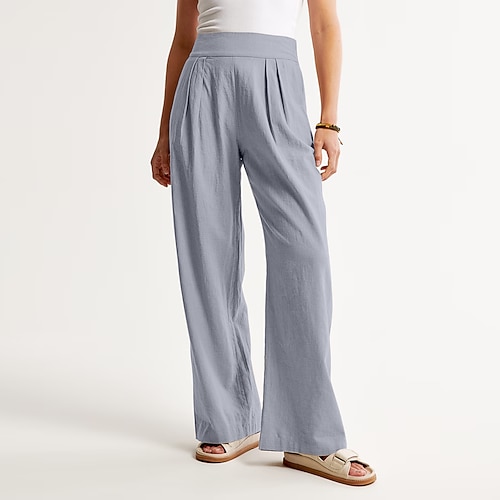 Damen Hose aus Baumwollleinen Weites Bein Chinos Urlaub Streetwear Basic Volle Länge Mittlere Taillenlinie Einfarbig Tasche Elastischer Bund Bequem Atmungsaktiv Mikroelastisch Täglich Outdoor Straße Image