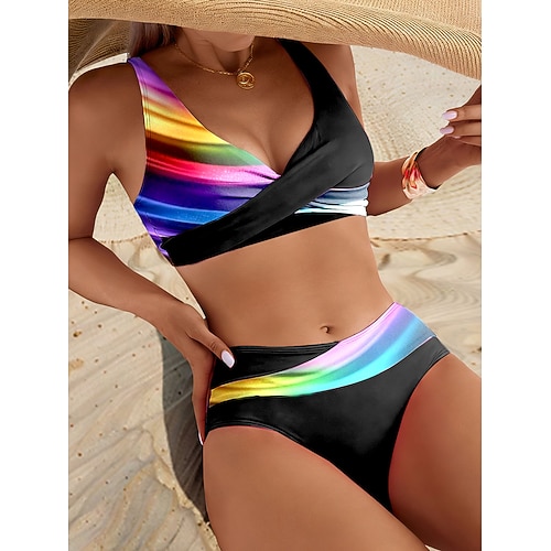 Damen Badeanzug Bikini Freche Unterhose Bademode Urlaub Mode Grafik Gestreift V Ausschnitt Ärmellos Badeanzüge Image