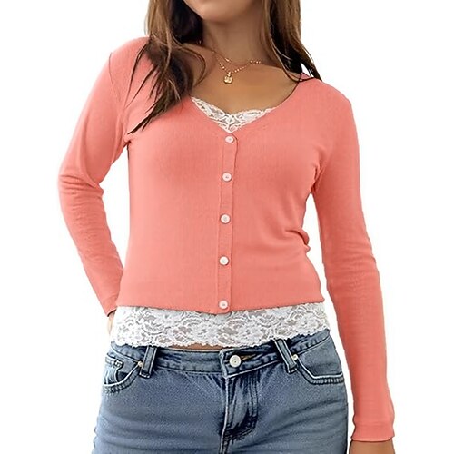 Damen Bluse Spitze Patchwork Knöpfe Einfarbig Elegant Stilvoll Lässig Langarm V Ausschnitt Normale Oberteile Täglich Schwarz Rosa Rote Braun Grün Frühling Herbst Winter Image