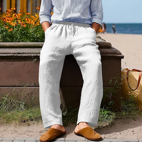 Herren Leinenhosen Hose Sommerhose Baggy-Hosen Kordelzug Elastischer Bund Gerader Schnitt Einfach Komfort Atmungsaktiv Volle Länge Lässig Täglich Ferien Mode Klassicher Stil Denim Blue Schwarz Image