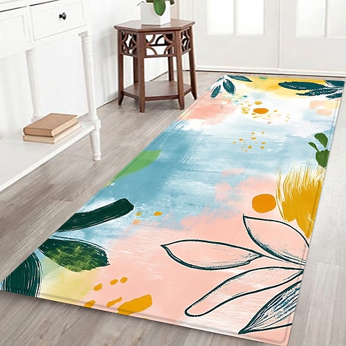 Rutschfester Flurläufer mit Pflanzen-, Blumen- und Blattmuster aus Flanellstoff, bedruckte Fußmatte für Eingangsbereich, Badezimmer und Wohnbereich Image