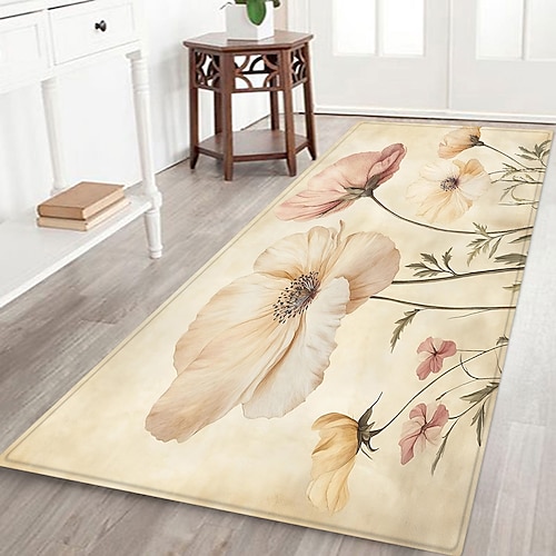 Rutschfester Flurläufer mit Pflanzen-, Blumen- und Blattmuster, bedruckte Flanell-Fußmatte für Eingangsbereich, Badezimmer und Wohnbereich Image