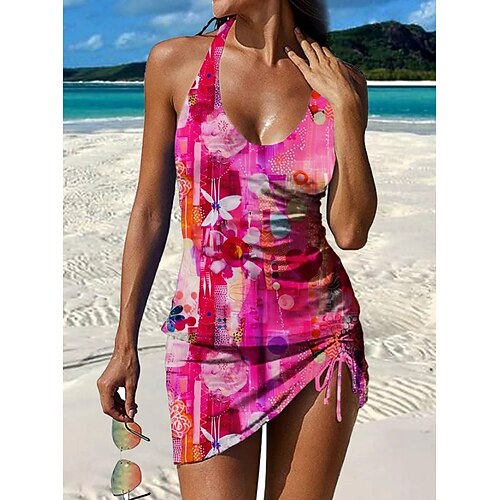 Damen Badeanzug Tankini Rock Bademode Halter Elegant Urlaub Blumen Grafik Ärmellos Badeanzüge Image