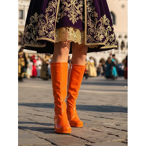 Damenschuhe Mardi Gras Lila Hochglanz-Plateau-Stiefel mit Blockabsatz – Perfekt für Karneval Festivalbekleidung Kostümpartys und auffällige Modeaussagen Image