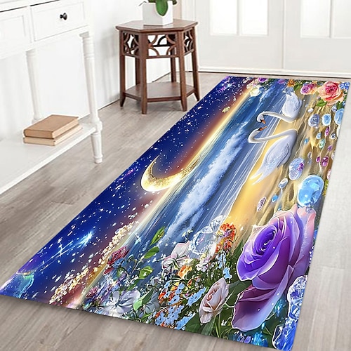 Rutschfester Flurläufer mit Pflanzen-, Blumen- und Schwanenmuster, bedruckte Flanell-Fußmatte für Eingangsbereich, Badezimmer und als Dekoration für Ihr Zuhause Image