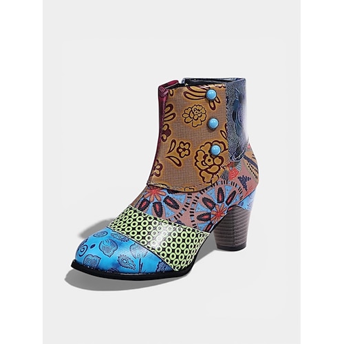 Damenschuhe Mardi Gras mit mehrfarbigen Patchwork Knöchelstiefeln Vintage Blockabsatz Reißverschlussstiefeln für das Venedig Karnevalsfest Image