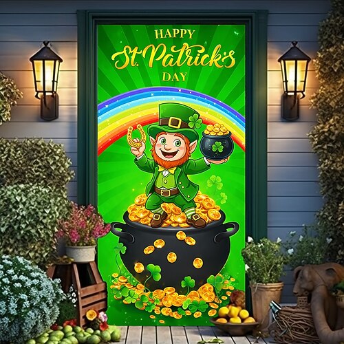 Türdekoration zum St. Patrick's Day, fröhlicher Kobold mit Bier und Gold, Regenbogenhintergrund, festliche Eingangsdekoration für die Feierlichkeiten zum St. Patrick's Day. Image