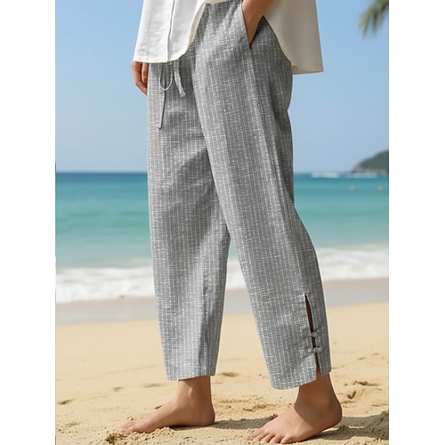 Damen Leinenähnliches Faux Baumwoll-Leinen Leinen-inspirierten Shorts Urlaub Basic Knöchellang Mittlere Taille Nicht dehnbar Blau Grau Schwarz Khaki Sommer Frühling Reguläre Passform Image