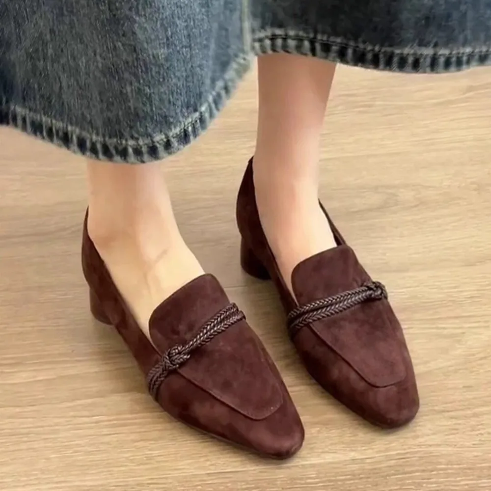 Loafer Frauen Karree 2026 Neue Echte Damen Schuhe Slip-on Vintage Schnalle Klassische Frühling Schuhe Frauen