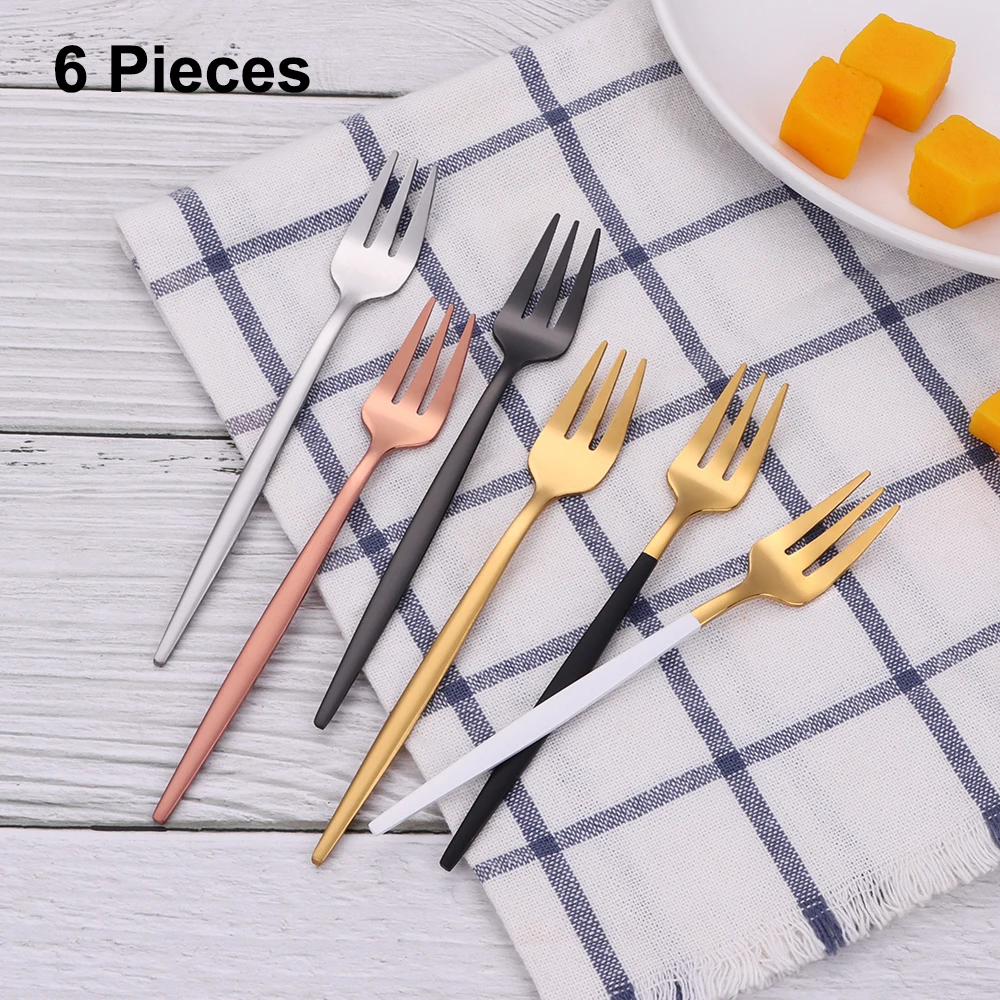 6-teiliges goldenes Teegabeln aus Edelstahl, Obstgabel, Kuchen, Snack, Salat, Kaffee, Gabel, Spiegel, Geschirr, Besteck-Set, Küchenutensilien Image