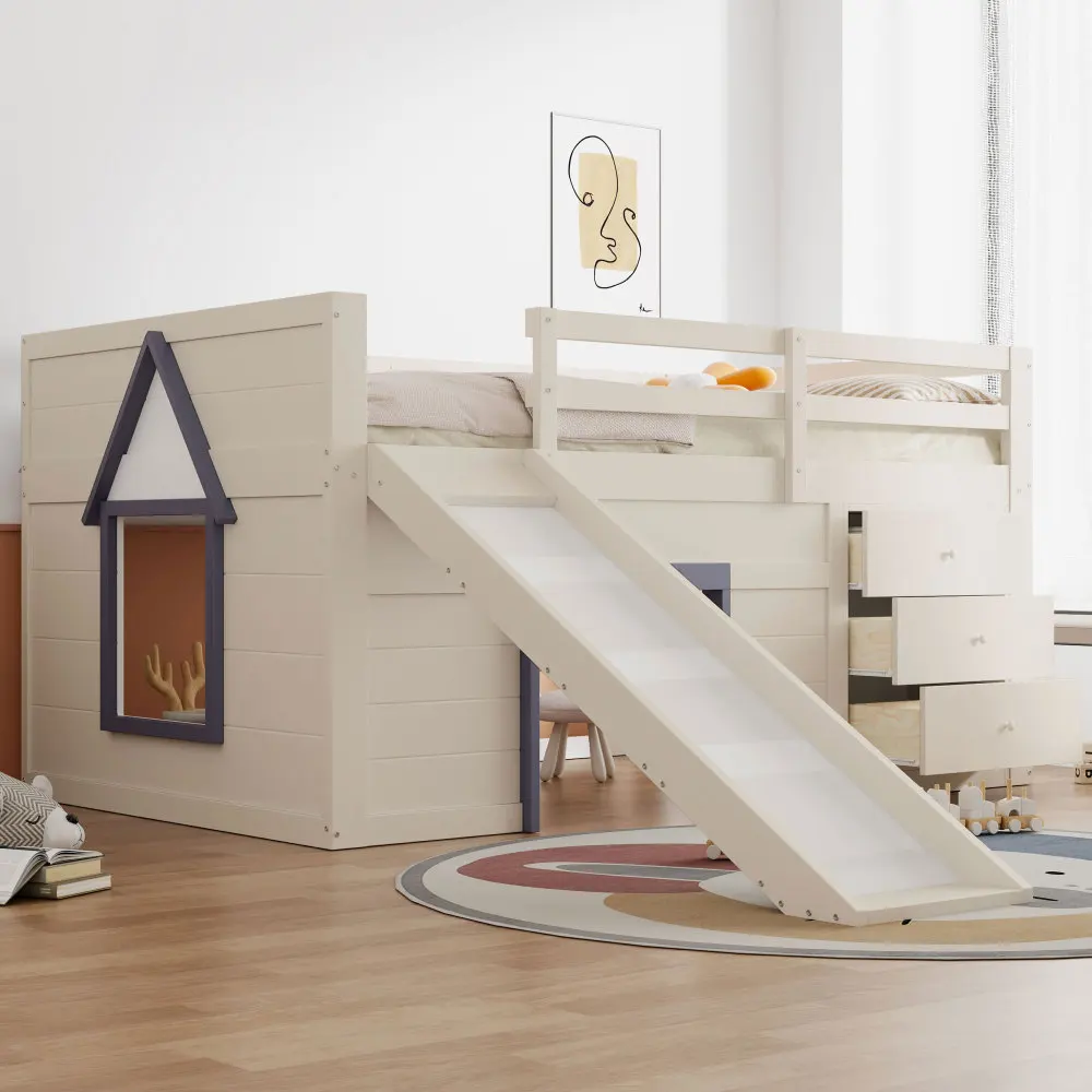 140 x 200 cm/90 x 200 cm niedriges Hochbett für Kinder mit Rutsche, drei Schubladen und zwei Türen, Bettgestell mit drei Schubladen, ohne Matratze