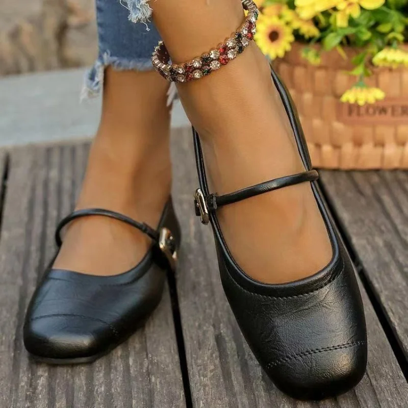 2025 Mary Jane Flats für Damen – schwarze, weiche Leder-Pumps mit quadratischer Schnalle und klobigem Absatz, Vintage-Pumps, Frühlings-/Herbst-Freizeitschuhe