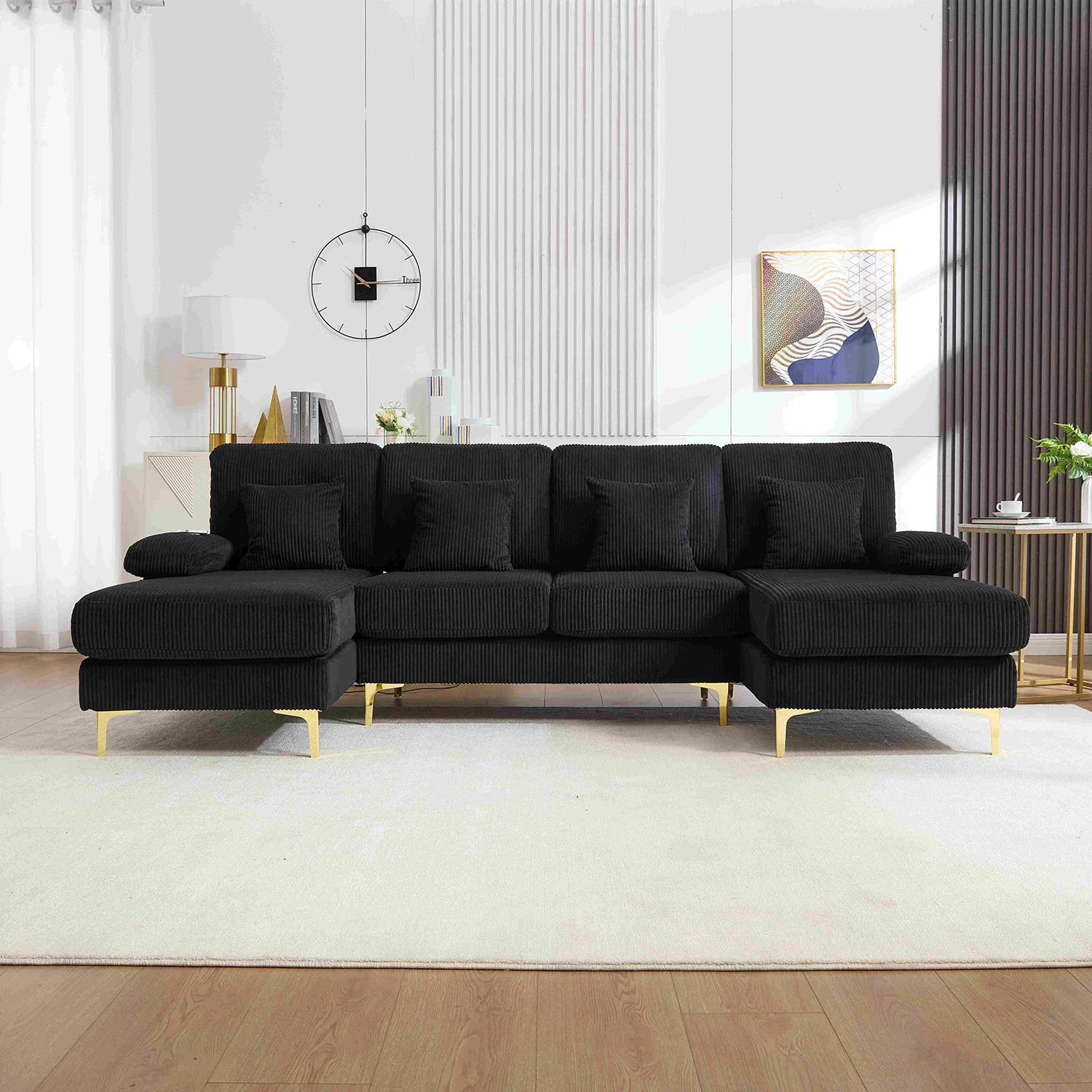 KOMHTOM U-Sofa mit LED Ambientebeleuchtung, USB-C-Port, Massivholzrahmen, 4 Luxus-Kissen, Ergonomischer Premium-Rückenlehne