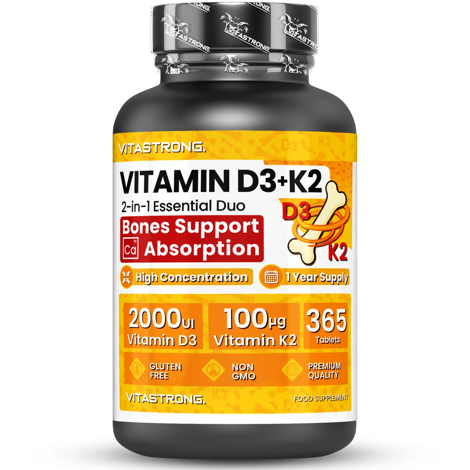 Vitastrong D3 + K2 Vitamin 365 Tage Tabletten 2000 IE, 100 μg, MK-7, zur Unterstützung des Immunsystems, Gelenke, Muskeln und Knochen Image