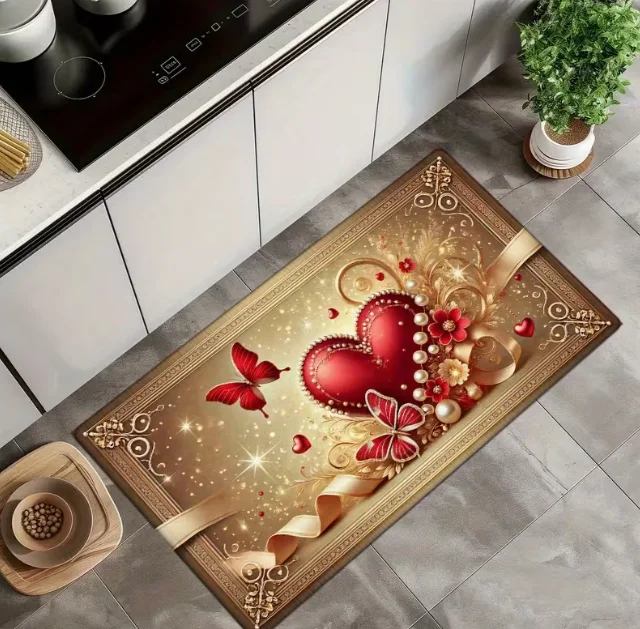 Fußmatte mit Valentinstag-Motiv, saugfähig, romantisch, herzförmiger Druck, Innenteppich für Wohnzimmer, Schlafzimmer, Küche, Wäschekoration