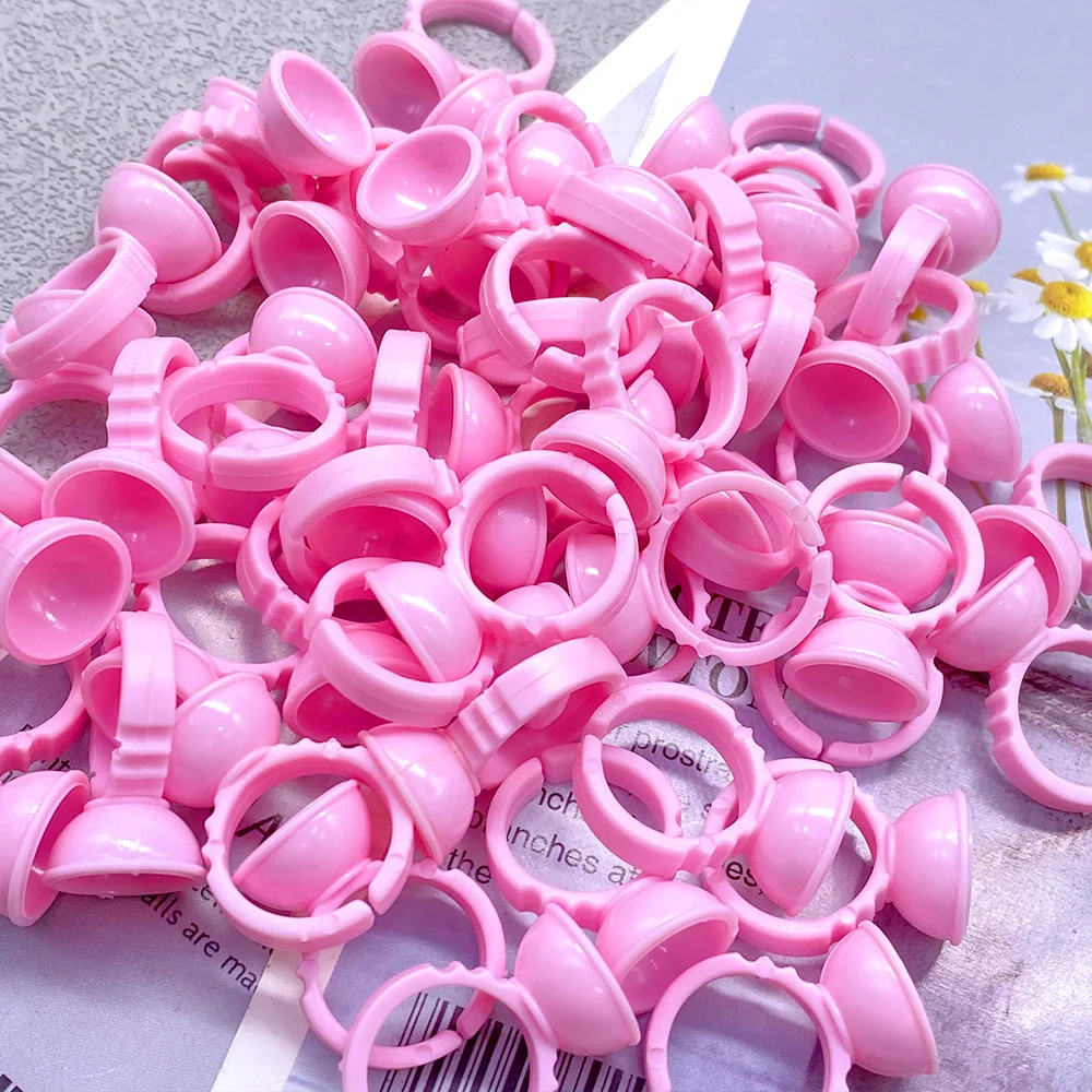 100Pcs Kleber Ringe Schönheit Wimpern Verlängerung Kleber Tassen Rosa Verzögerung Tasse Pfropfen Wimpern Make-Up-Tool Tattoo Kleber Pigment Tassen Image