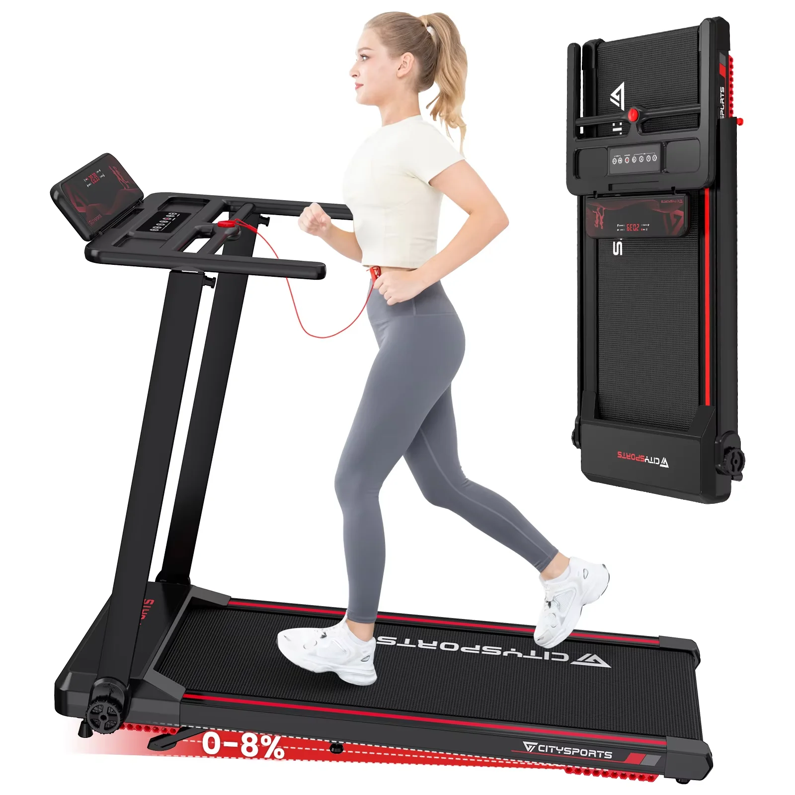 CITYSPORTS PRO Tapis Roulant, Tapis Roulant Pieghevole, Tapis Roulant con Inclinazione 8%, attrezzature per il fitness, APP e altoparlante Bluetooth, 1-12 km/h, 120 kg