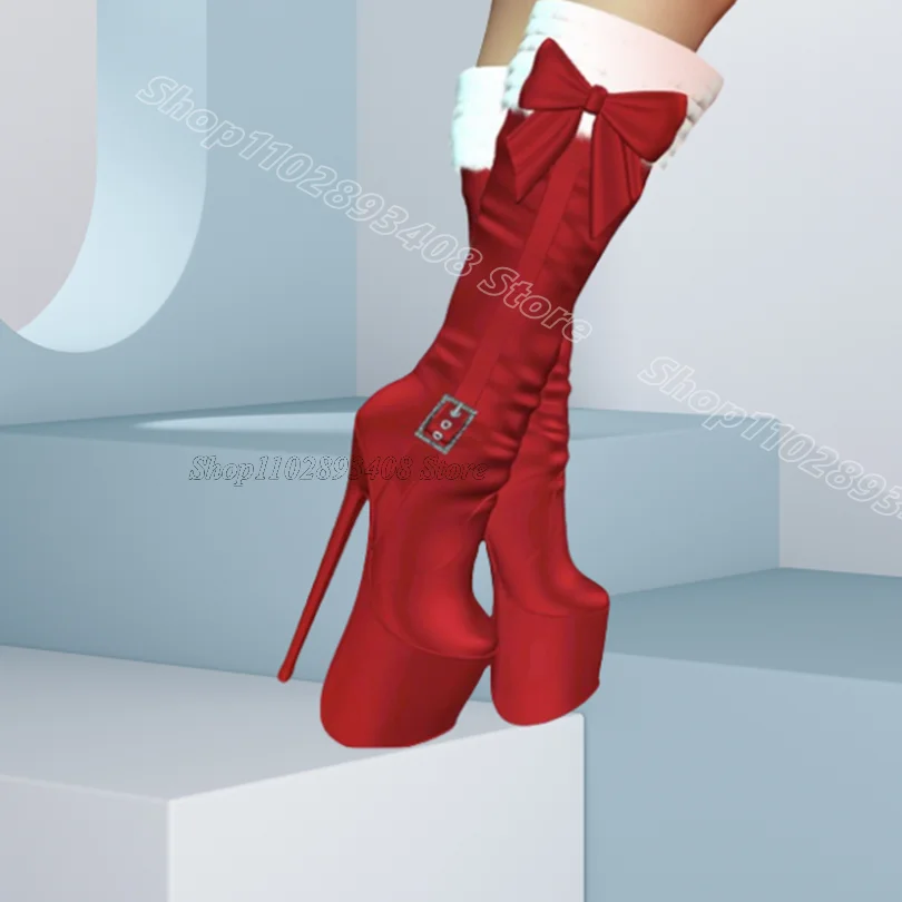 Rot Bowknot Dekor Pelz Stiefel Runde Kappe Seide Britischen Stil Party Casual Design für Frauen Elegante Knie Stiefel Zapatos Para Mujere