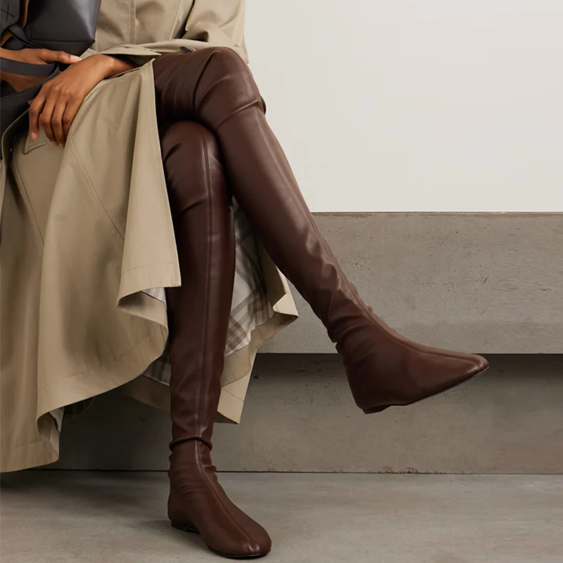 Herbst- und Wintermode Damen Flache Knie-Over-Damenstiefel Runder Kopf Elastische Stiefel Damen 34-46 Große Oberschenkelstiefel
