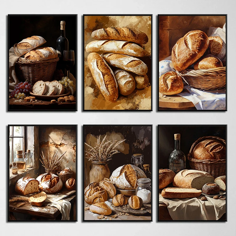 Brot Stillleben Vintage Poster Küche Essen Brote Baguettes Leinwanddruck Rustikale Retro Wandkunst Bild Bauernhaus Home Decor Image