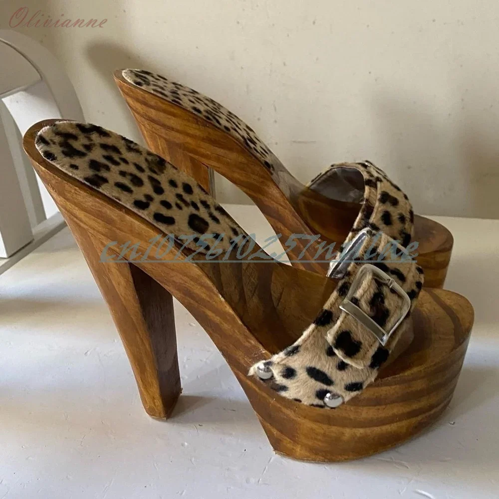 Offene spitze Chunky High Heel Sexy Leopard Print Schnalle Gürtel Dekor Hausschuhe Mode Retro Frauen Schuhe 2025, Sommer Neue Para Mujere