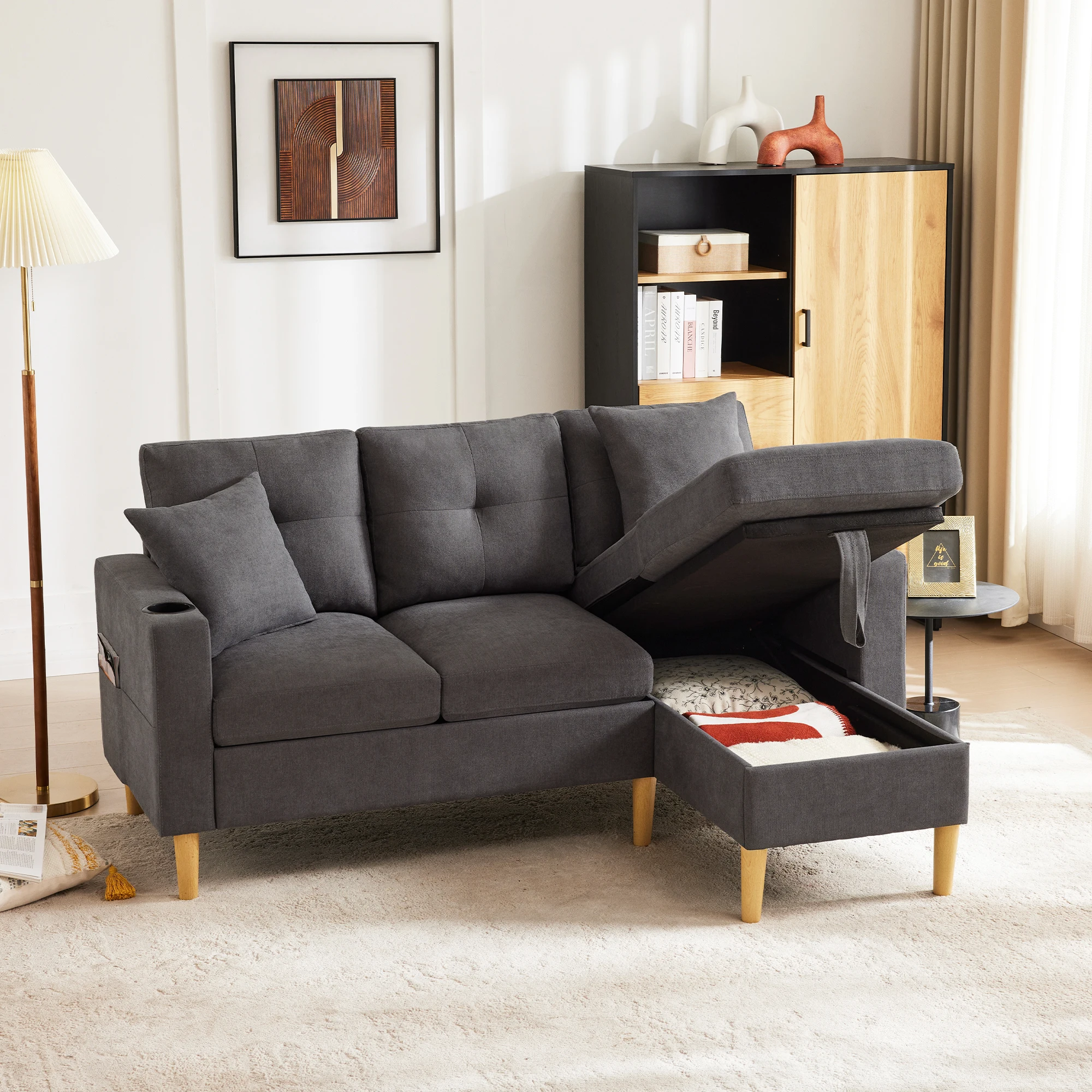 Ecksofa mit Chaiselongue,Stauraum und integriertem Getränkehalter,Relaxsofa mit 2 Kissen,3-Sitzer-Sofa