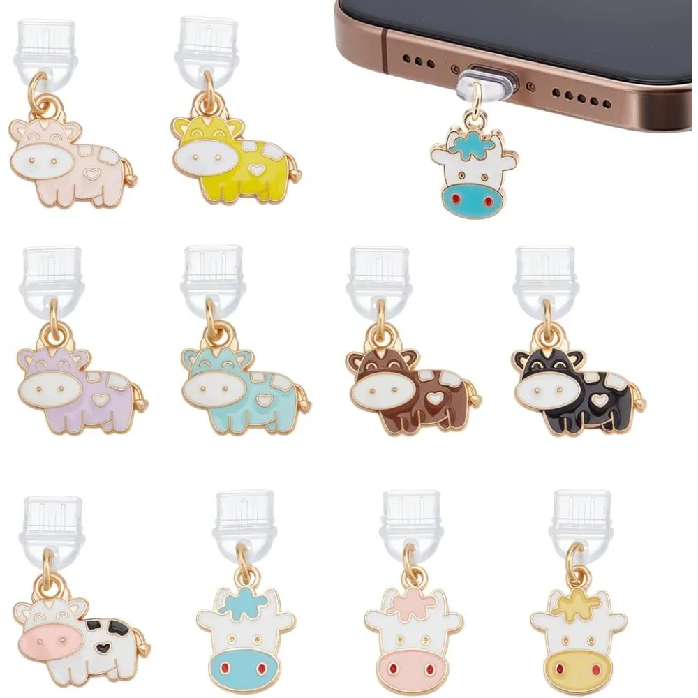 10 Stück Staubstecker Charm 1,2 Zoll lang Anti-Staub-Stecker Mobile staubdichte Stecker USB C Port Caps Schutz mit Legierung Emaille Kuh Image
