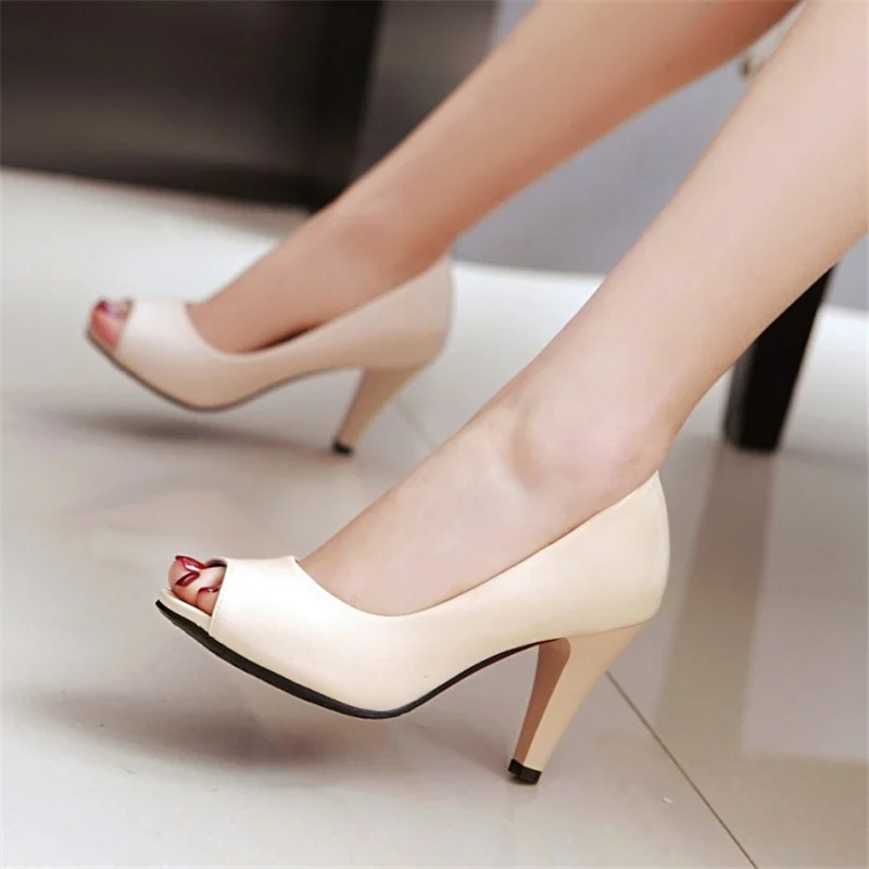 Damen Nude High Heels Schuhe Mode Klassisch Frühling Peep Toe Pumps Elegant Schwarz Rosa Weiß Absatz OL Büro Hochzeitsschuhe