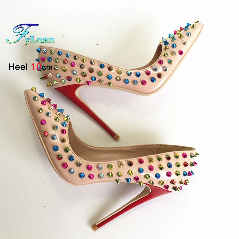 Größe 35-44 Damen Bunte Nieten Einzelschuhe Mode Spitze Zehenpumps 10CM Stiletto Paert Schuhe Europa und Amerika Damenschuhe