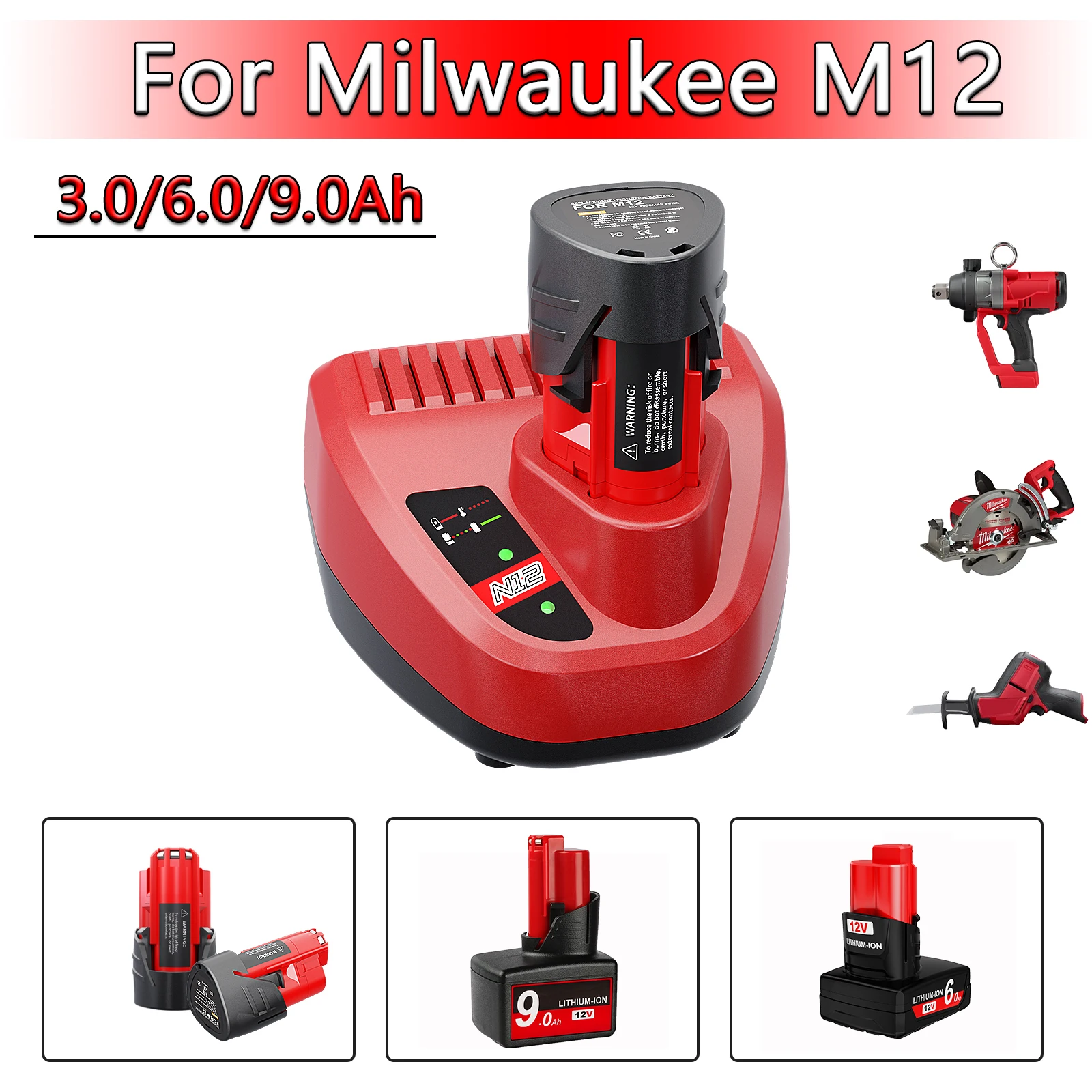 12 V 3,0/6,0/9,0 Ah wiederaufladbarer Li-Ionen-Akku für Milwaukee M12 XC Akku-Werkzeuge 48-11-2402 48-11-2411 48-11-2401 MIL-12A-LI Image