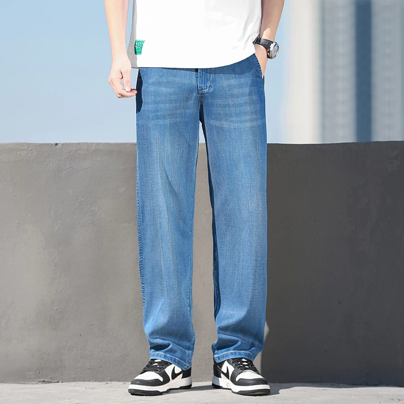Herren Dünne Lyocell Lose Gerade Breite Bein Denim Jeans 2025 Sommer Herbst Bequeme Atmungsaktive Casual Stretch Hosen Plus Größe 38