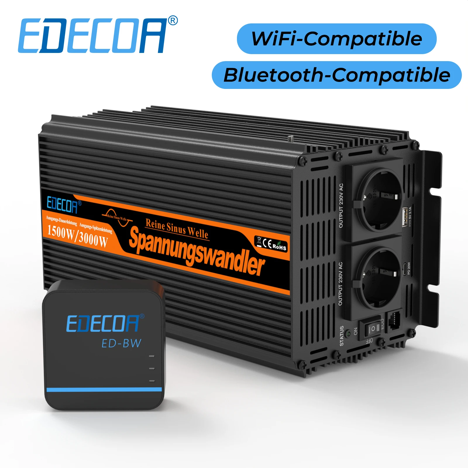 EDECOA 1500 W 2000 W 2500 W 3500 W 12 V auf 220 V 230 V Off Grid reiner Sinus-Wechselrichter Auto-Wechselrichter-Transformator Spannungswandler Image