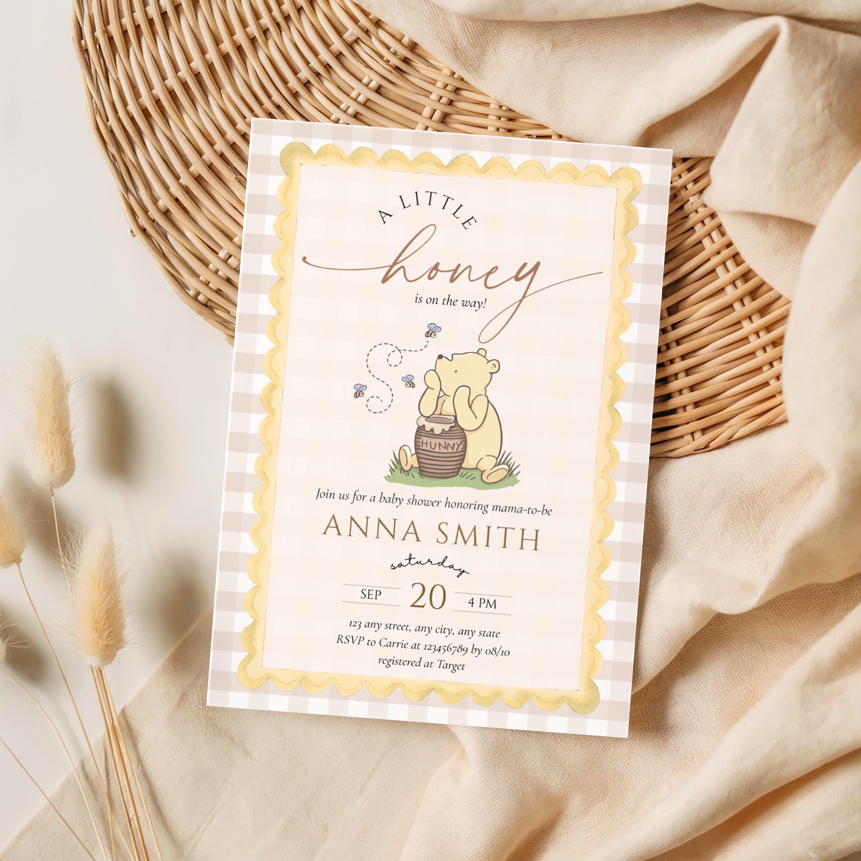 Invito per baby shower a tema Winnie the Pooh, invito per baby shower a tema Little Honey, invito per baby shower a tema libro di fiabe (download imme