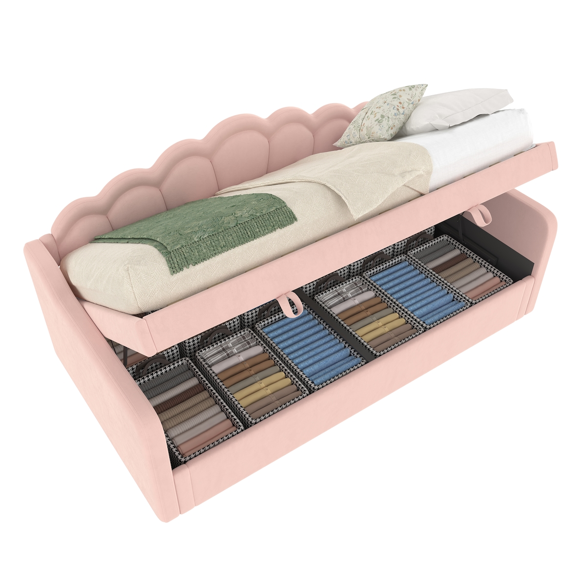 OKWISH Tagesbett 90x200 mit Stauraum, Samt Polsterbett mit hydraulischem Bettkasten, modernes Einzelbett, platzsparend und komfortabel Rosa Image