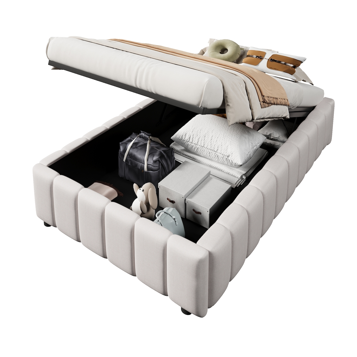 MODFU Polsterbett 90x200 mit hydraulischer Lagerung, minimalistisches Design, Leinen/MDF, Beige – Kompakter Stauraum für modernes Schlafzimmer Image