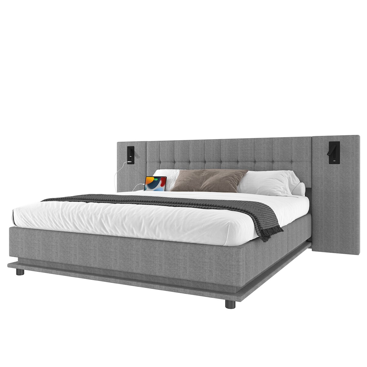 STILVORA Polsterbett 180x200 cm mit LED-Beleuchtung, USB-Anschluss und Kopfteil im modernen Design, Grau, ohne Matratze Image