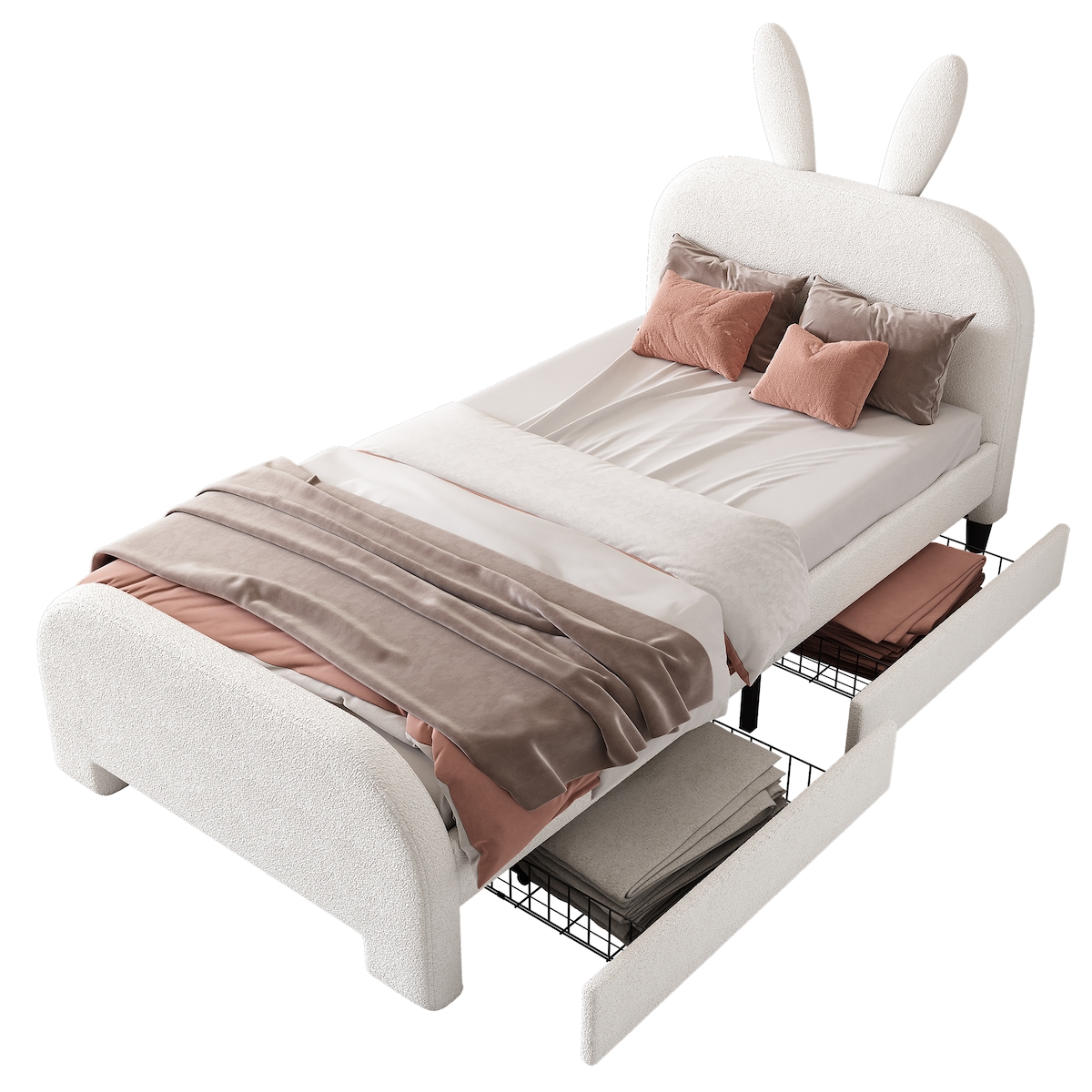 STILVORA Polsterbett 90x200 Cartoon Kaninchenform gepolstert mit zwei Schubladen Stauraum Lammwolle MDF weiches Kopfteil Weiß Image