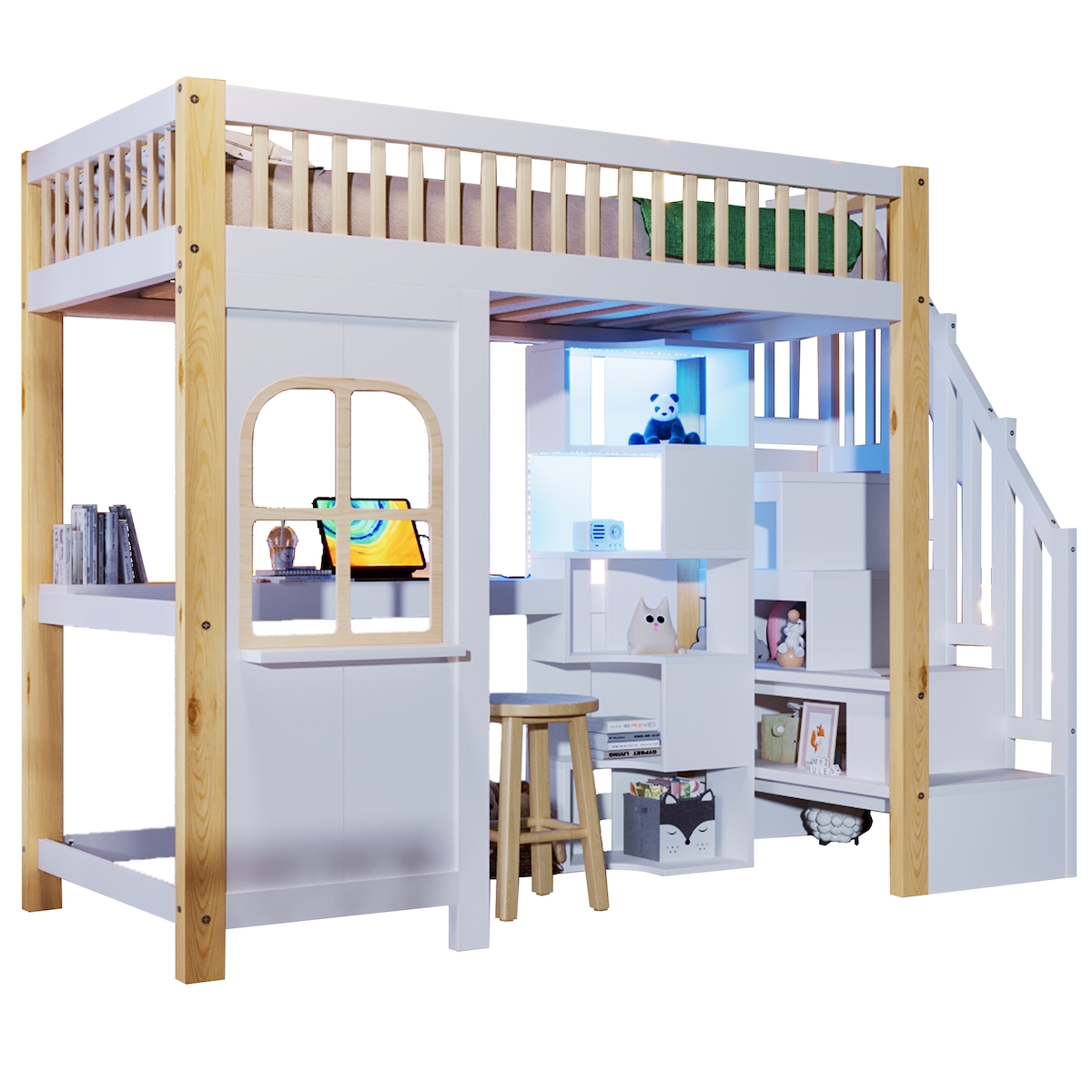 MODFU Hochbett 90x200 mit LED-Leuchten, Schreibtisch und Stauraum, Kiefernholz, Weiß+Natur, platzsparend und funktional Image