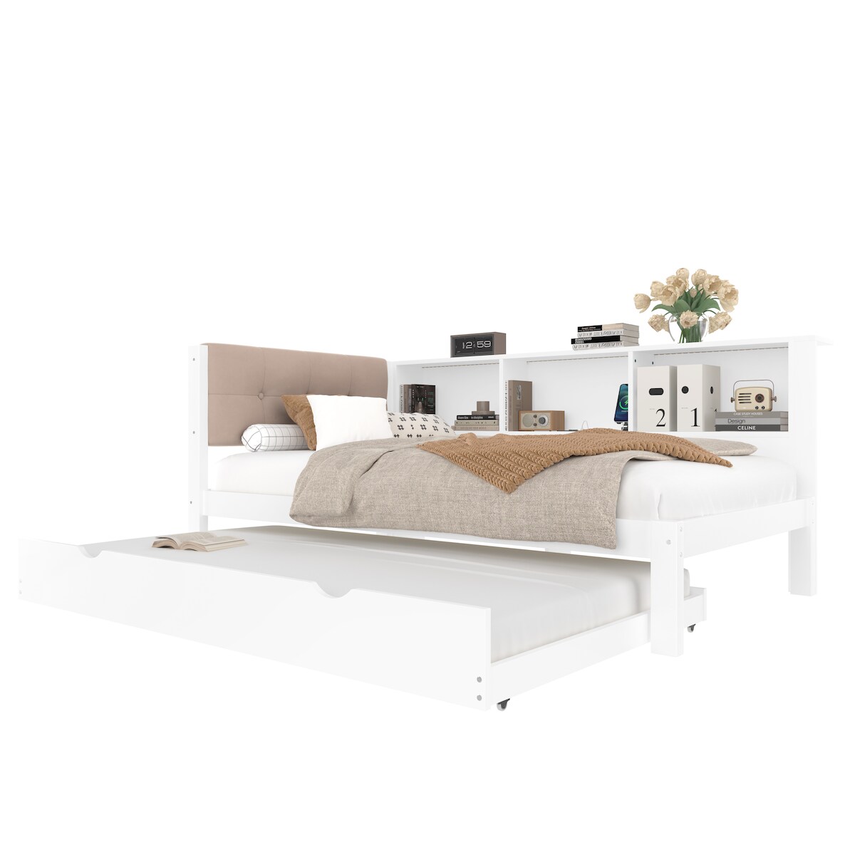 OKWISH Daybett 90x200 cm aus Kiefernholz mit ausziehbarem Bett und LED-Beleuchtung – Praktisches Schlafmöbel in Weiß Image
