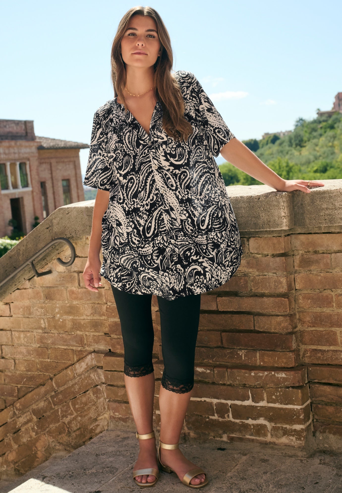 Plus Size Women's Plus Size Angelina Tunic Top - Short Sleeve, Flowy Fit, Everyday Comfort by Roaman's in Black Paisley Graphic (Size 12 W) Long Butt