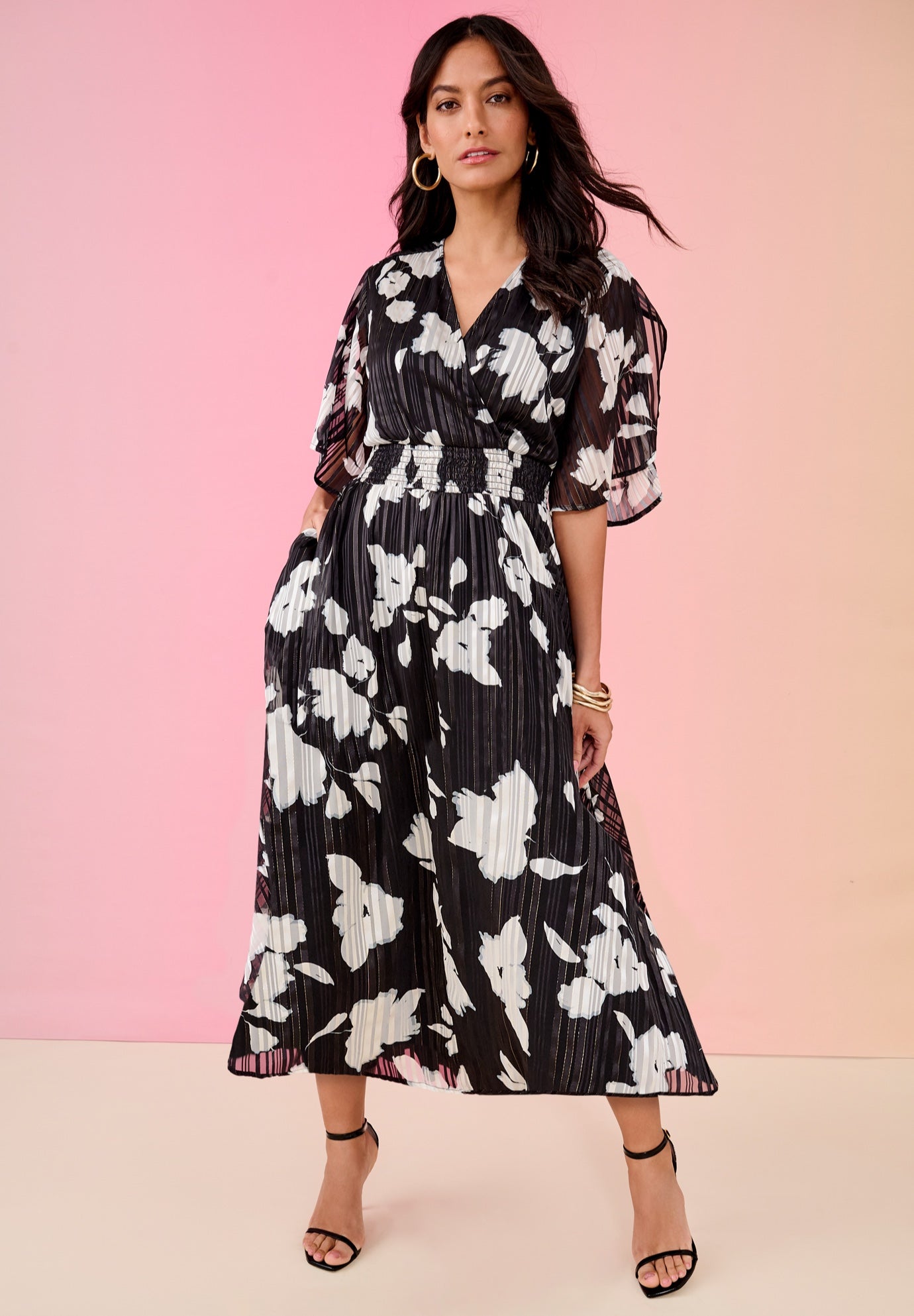 Plus Size Women's Striped Lurex Maxi Dress by Roaman's in Black Silhouette Floral (Size 30 W)