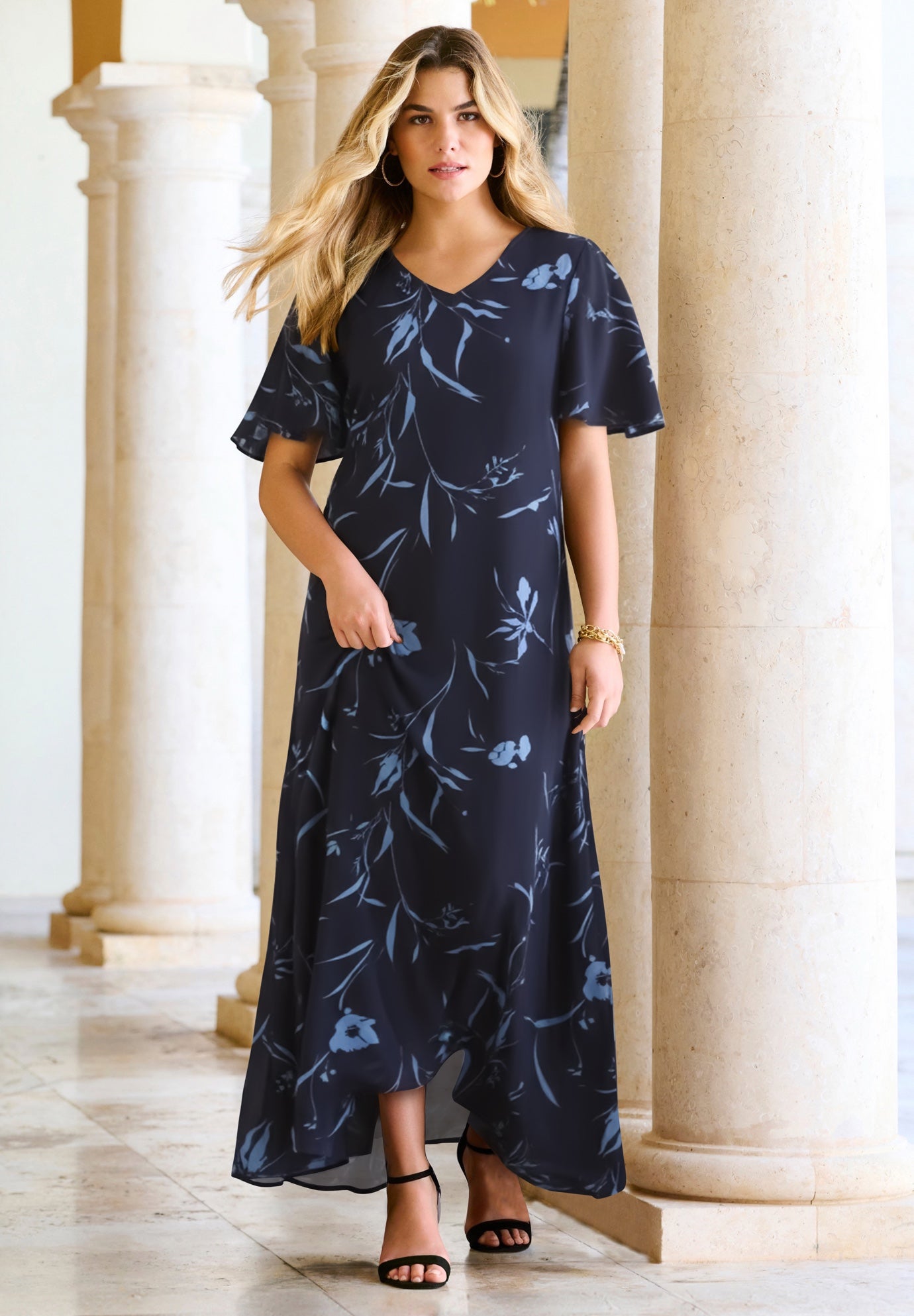 Plus Size Women's Plus Size Hand Crinkled Flutter-Sleeve Maxi Dress by Roaman's in Navy Blue Floral (Size 18/20)
