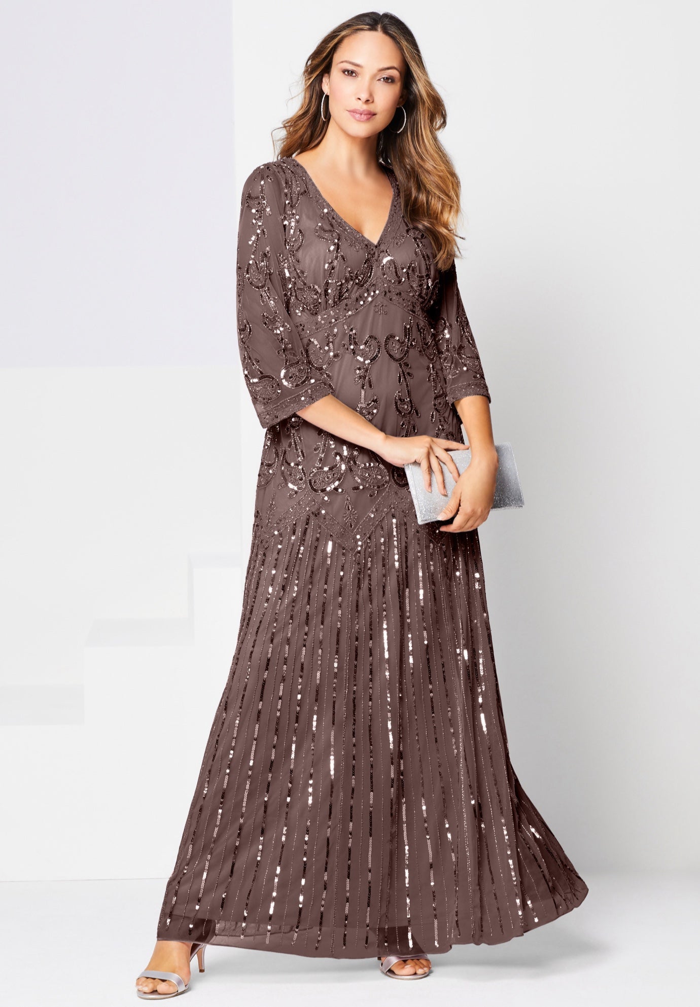 Plus Size Women's Plus Size Beaded V-Neck 3/4 Sleeve Sleeve Maxi Gown by Roaman's in Deep Taupe (Size 26 W) Formal Evening