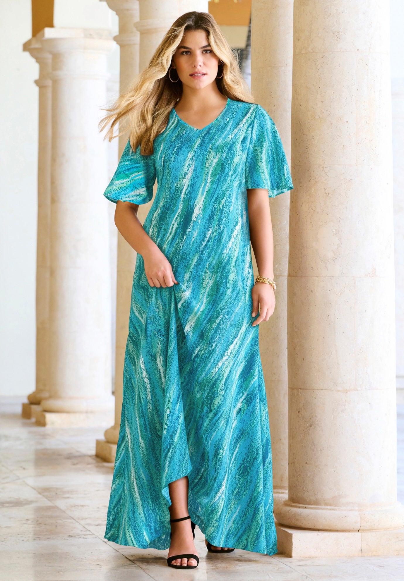 Plus Size Women's Plus Size Hand Crinkled Flutter-Sleeve Maxi Dress by Roaman's in Ocean Textured Stripe (Size 18/20)