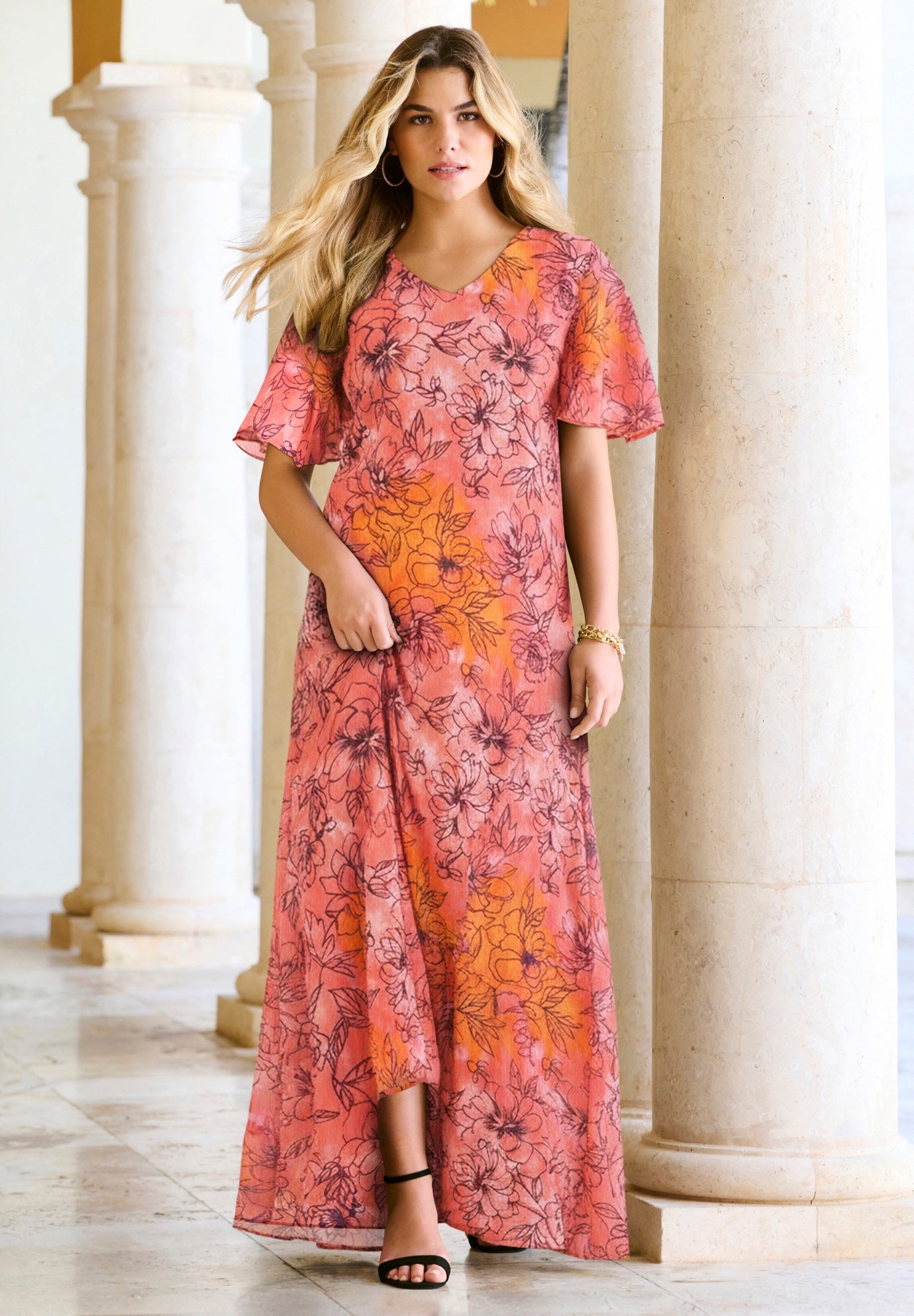 Plus Size Women's Plus Size Hand Crinkled Flutter-Sleeve Maxi Dress by Roaman's in Coral Tie Dye Floral (Size 22/24)
