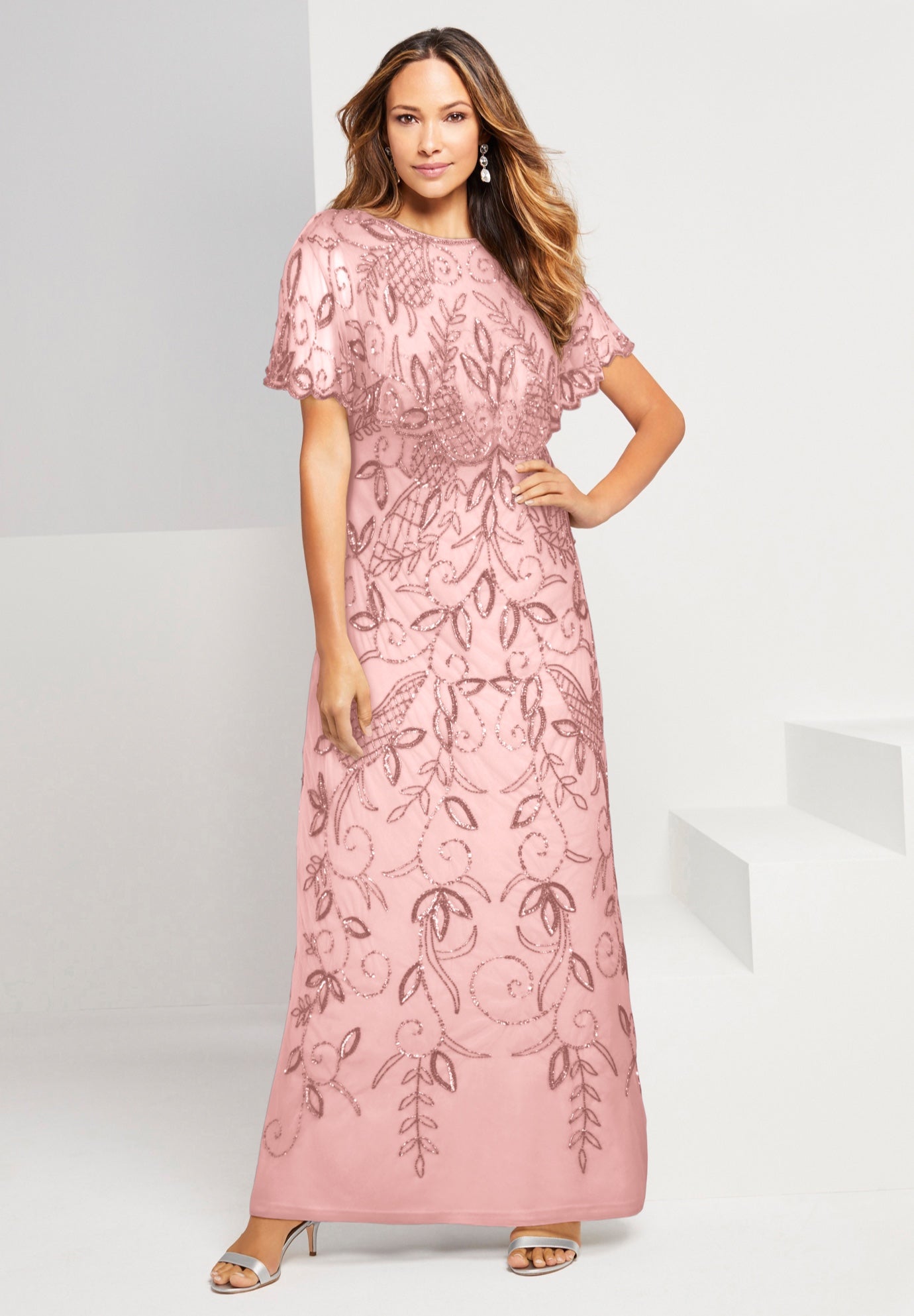 Plus Size Women's Plus Size Beaded Capelet Maxi Gown - Glam Evening Dress by Roaman's in Soft Blush (Size 36 W) Beaded Formal Evening Capelet Gown