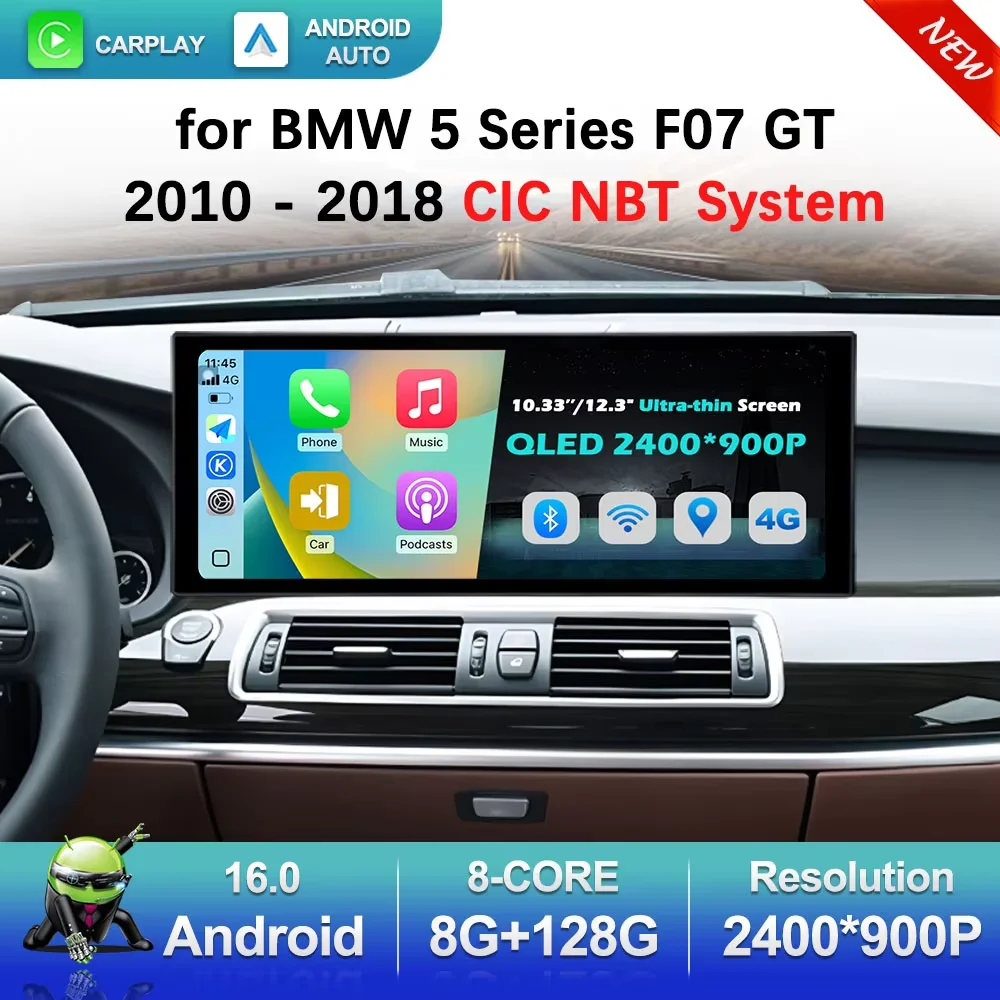 Ultradünner QLED-Bildschirm Android 16 für BMW 5er F07 GT 2010 - 2018 CIC NBT System Auto-Video-Multimedia-Player Carplay WIFI Image