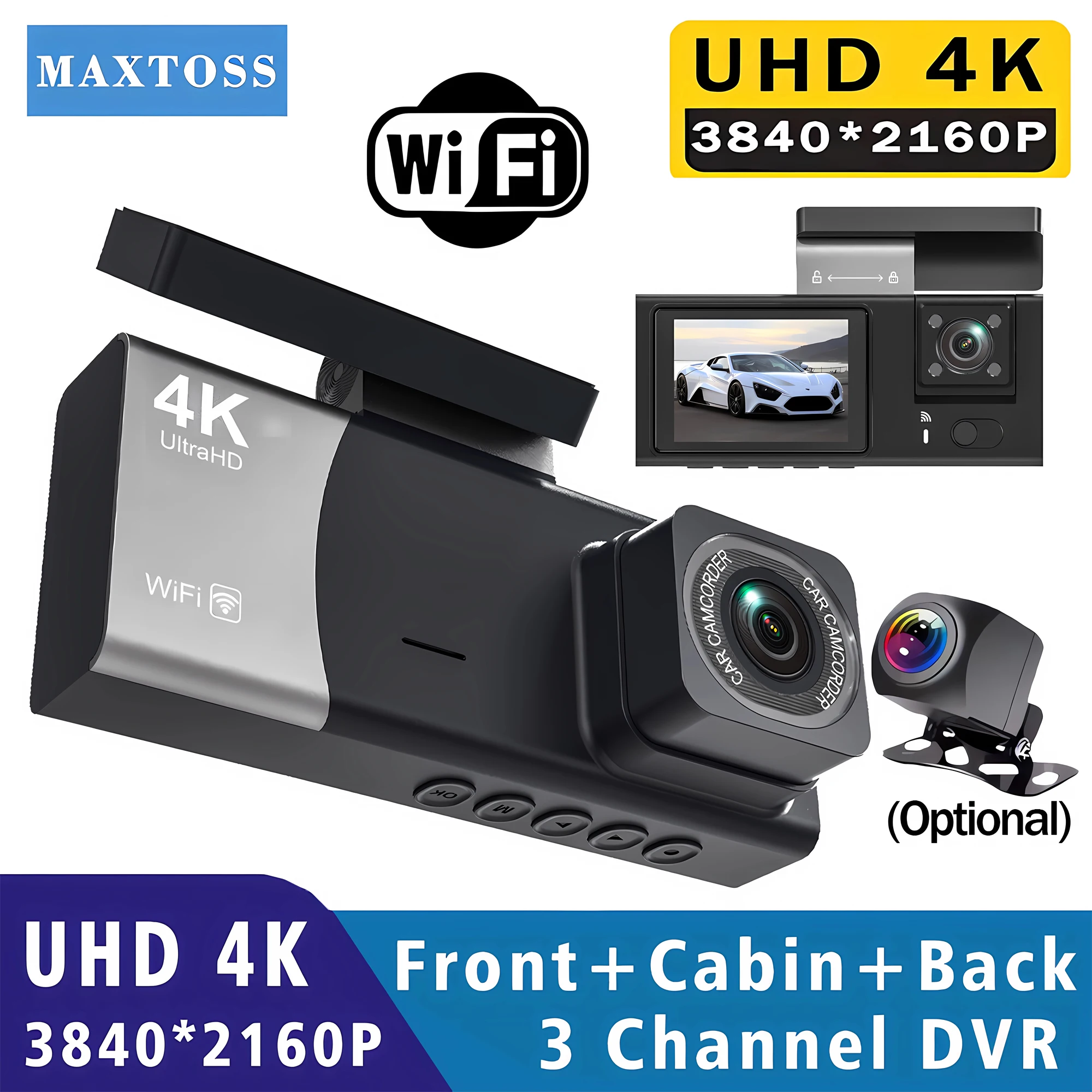 3 Kanal 4K 2160P Dash Cam Integrierte Wifi 3 Kameras Auto DVR Super Nachtsicht 24H Parkplatz Monitor Dashcam Unterstützung Hinten Cam Image
