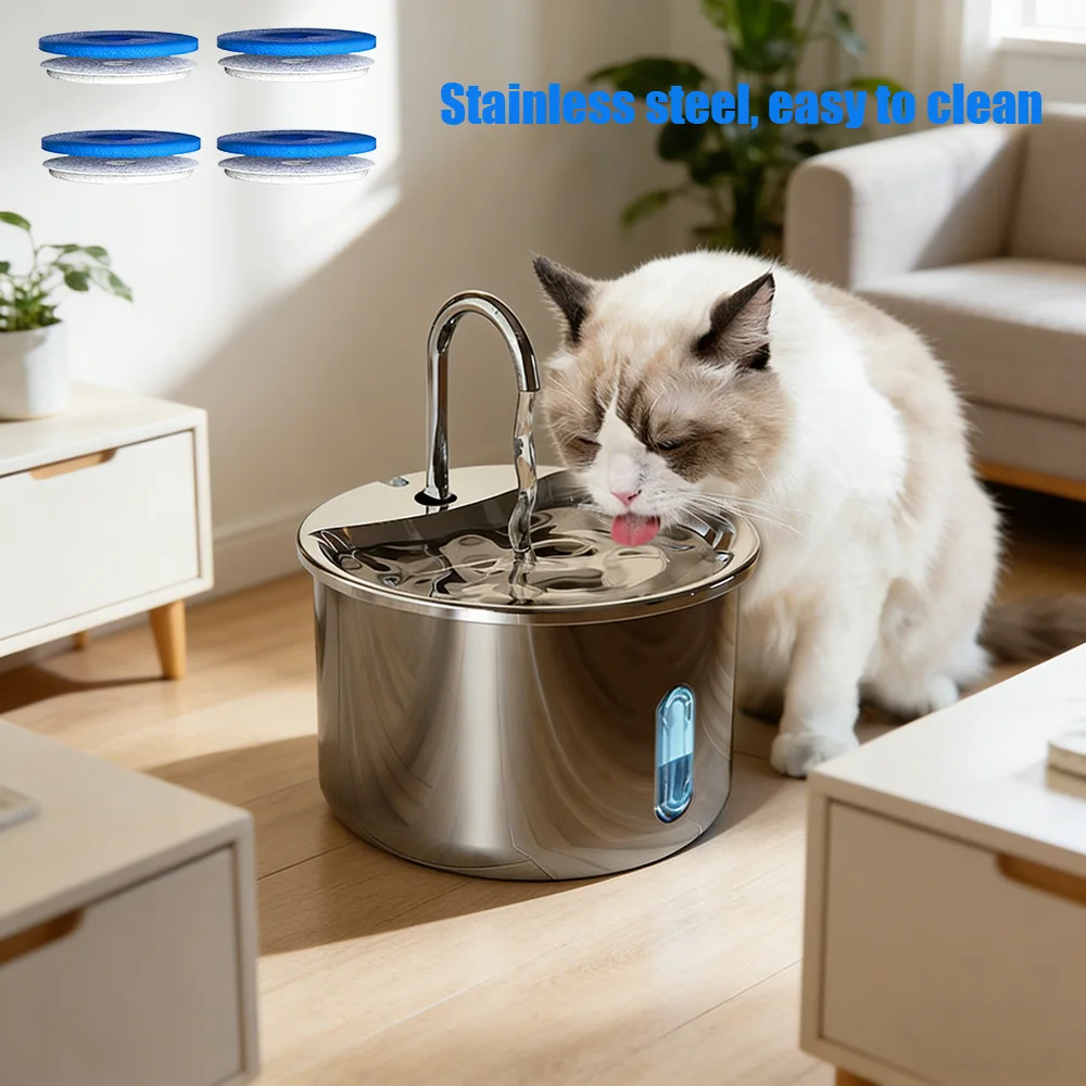 2L Edelstahl Haustier Wasserbrunnen mit USB Katze Ultra Leiser Wasserspender Haustiere Filterbrunnen Smart Drinking Feeder Bowl Image